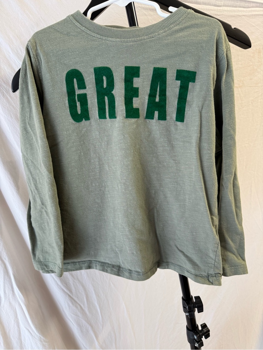 Zara Kids Long Sleeve Tee in Sage Green with Dark Green 'GREAT' Print